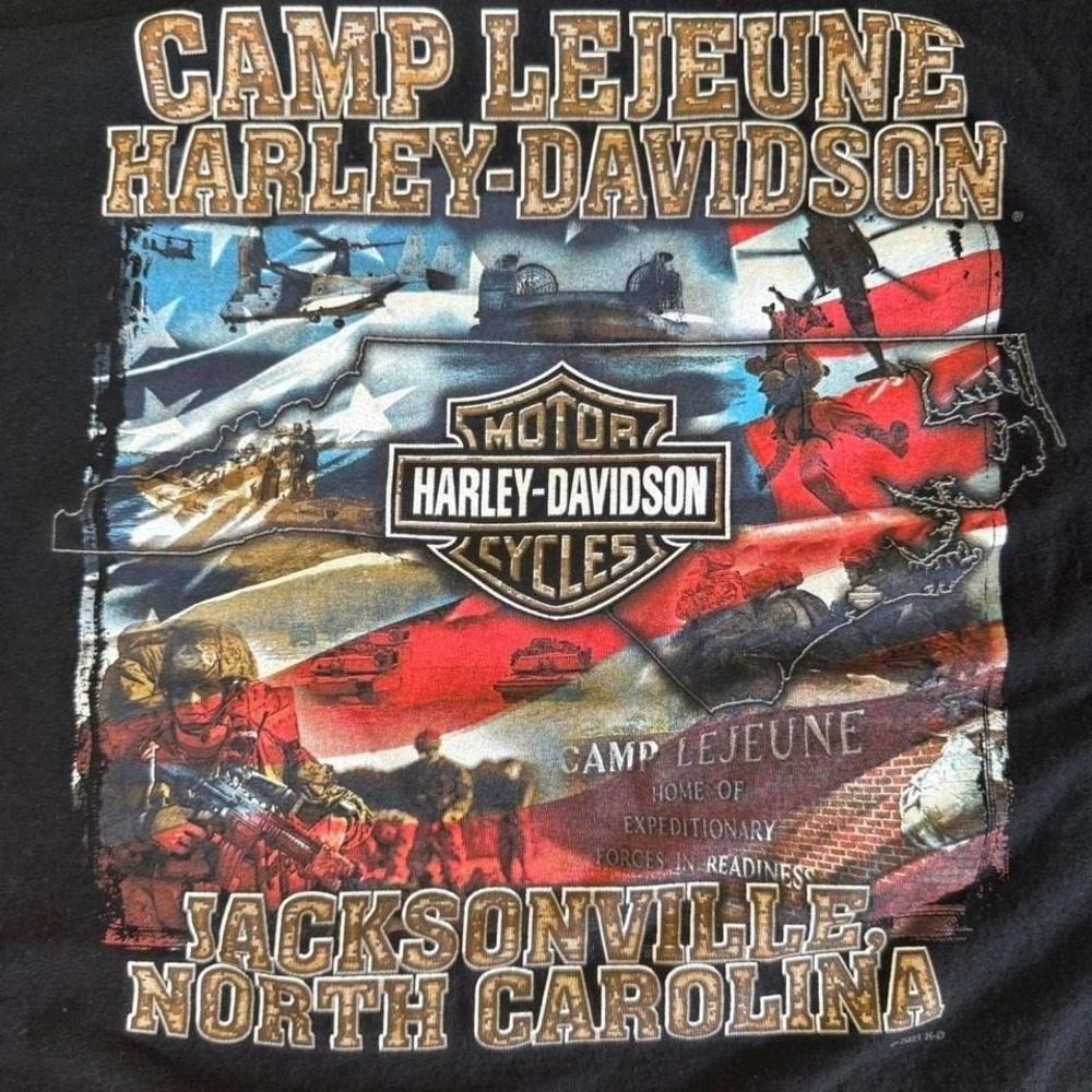Harley Davidson black biker tee with blue skull design and American flag. - Picture 3 of 6